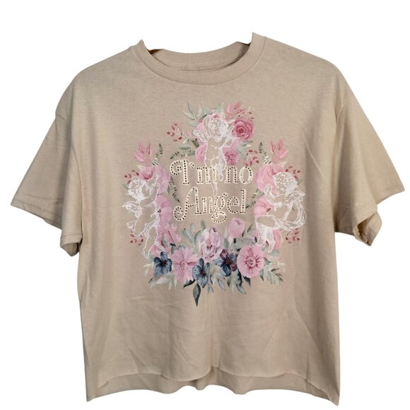 Trust The Universe Shirt Medium Cropped Im An Angel Floral Studded Crop Top Tan - Picture 1 of 15